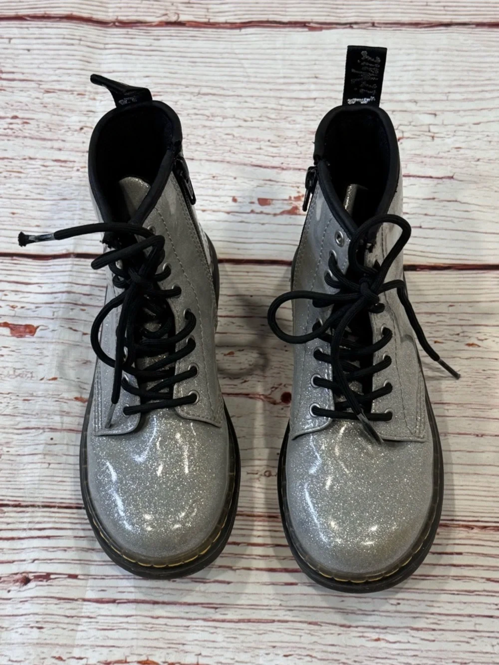 Dr Martens Docs Zavala J Combat Boots in Silver Glitter Sz 2